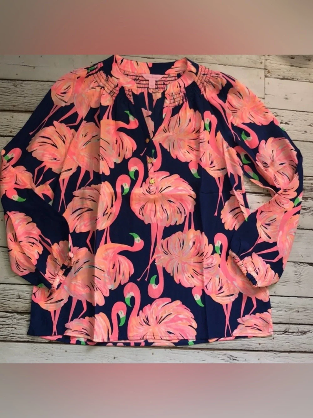 Lilly Pulitzer “Gimme Some Leg “Flamingo Print Silk Elsa Top Size MEDIUM - Picture 1 of 4